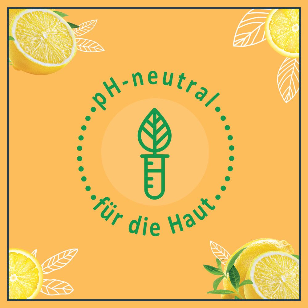 Kreisförmiges Logo mit Text 'pH-neutral für die Haut'. Gelber Hintergrund mit Zitronen und Blättern.