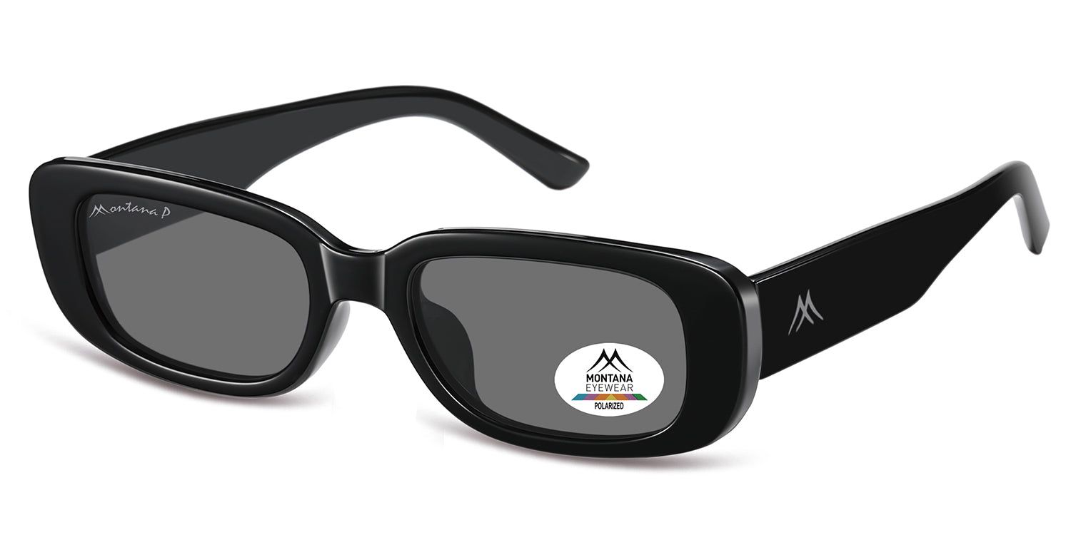 Schwarze Sonnenbrille, schräg von vorne. Montana Eyewear Logo auf dem Bügel. Polarisierte Gläser.