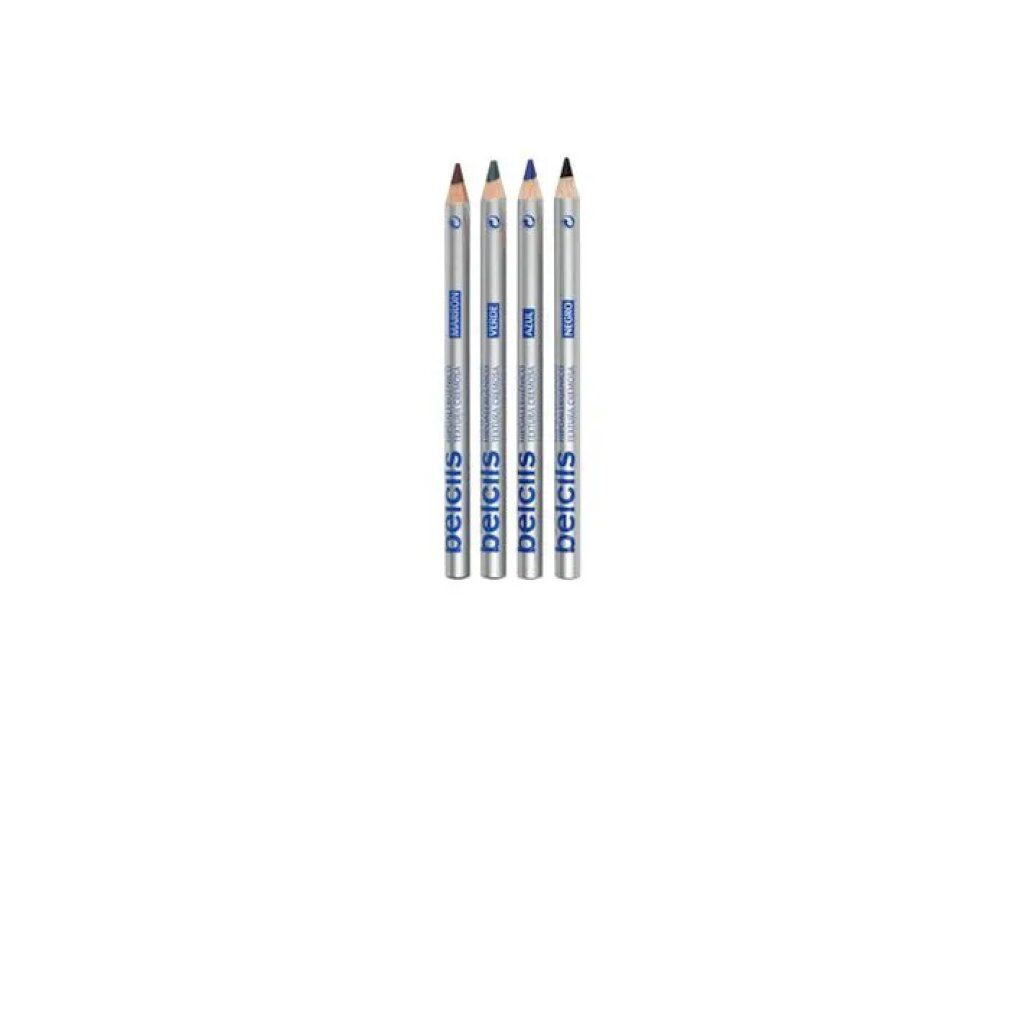 Ein einzelner Augenstift, Belcils, braun. Silberner Stift mit blauer Schrift. Spitze nach unten.