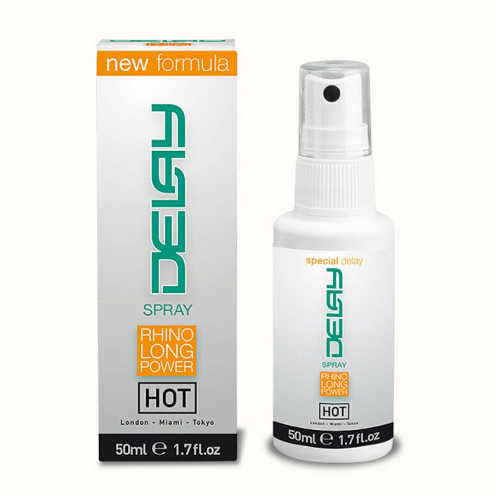 Produktverpackung: Weiße Sprühflasche und Schachtel. "DELAY SPRAY" und "RHINO LONG POWER" sind sichtbar.