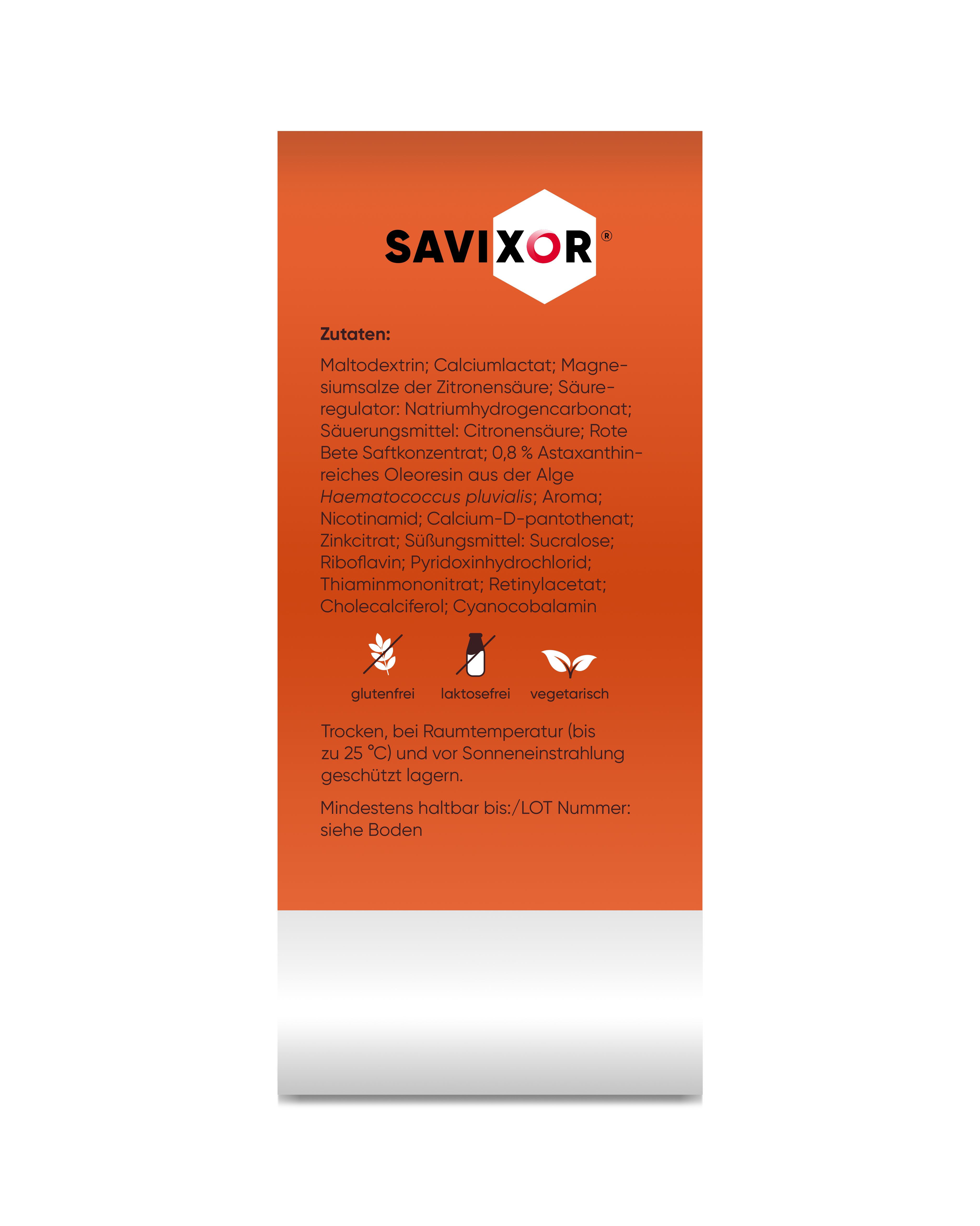 Produktverpackung mit Zutatenliste. Enthält Informationen zu Inhaltsstoffen. Savixor-Logo oben. Orangefarbener Hintergrund.