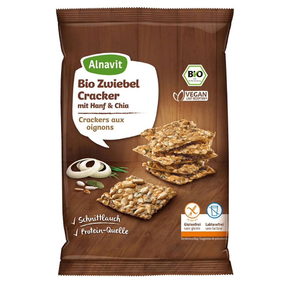 Verpackung mit Crackern. Aufschrift: Bio Zwiebel Cracker mit Hanf & Chia. Vegan- und Bio-Siegel. Glutenfrei und laktosefrei.