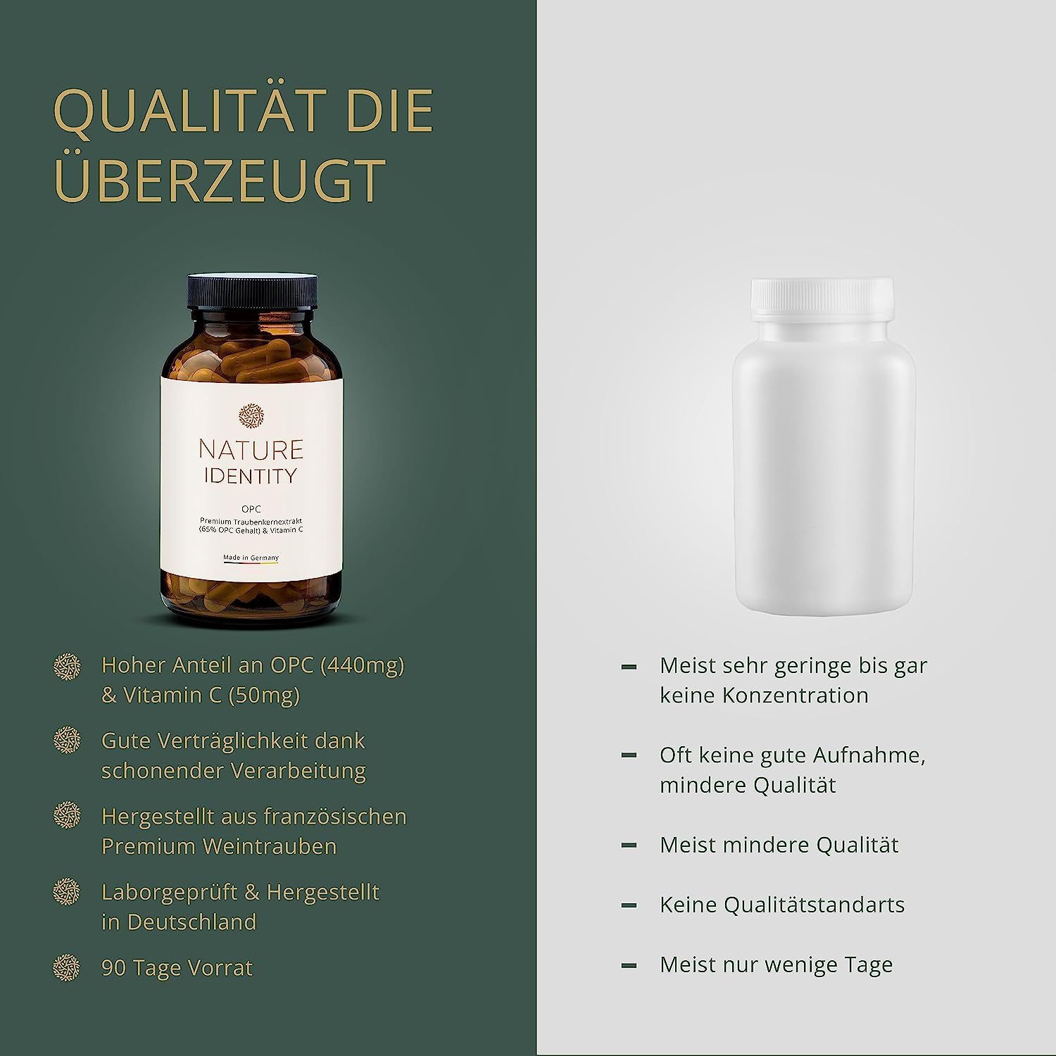 Vergleich: Glasflasche mit Kapseln vs. weiße Flasche. Text: Hoher Anteil an OPC & Vitamin C. Gute Verträglichkeit. 90 Tage Vorrat.