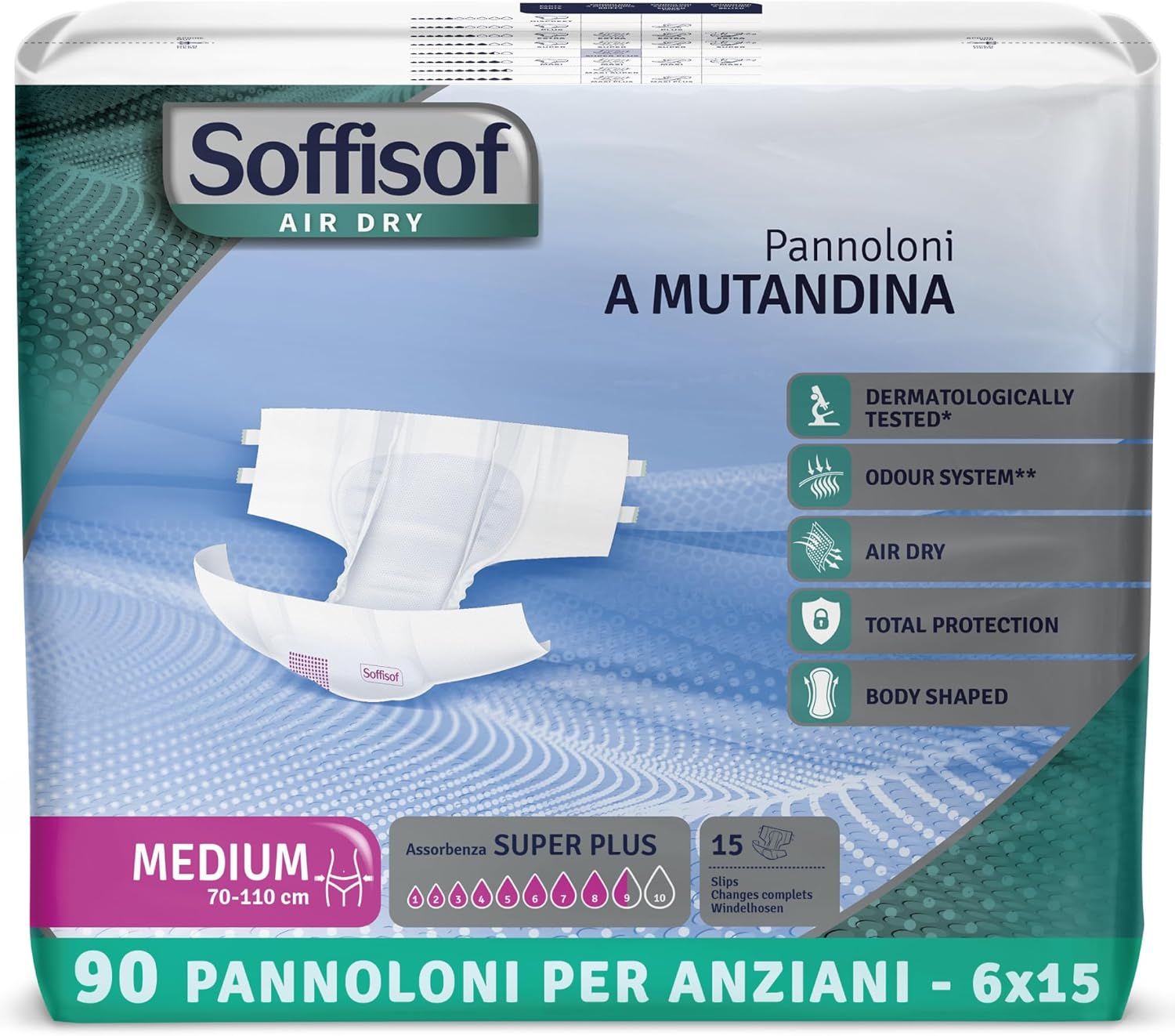 Soffisof Air Dry Windeln. Medium, 70-110 cm. 90 Stück. Super Plus. Dermatologisch getestet. Für Erwachsene.