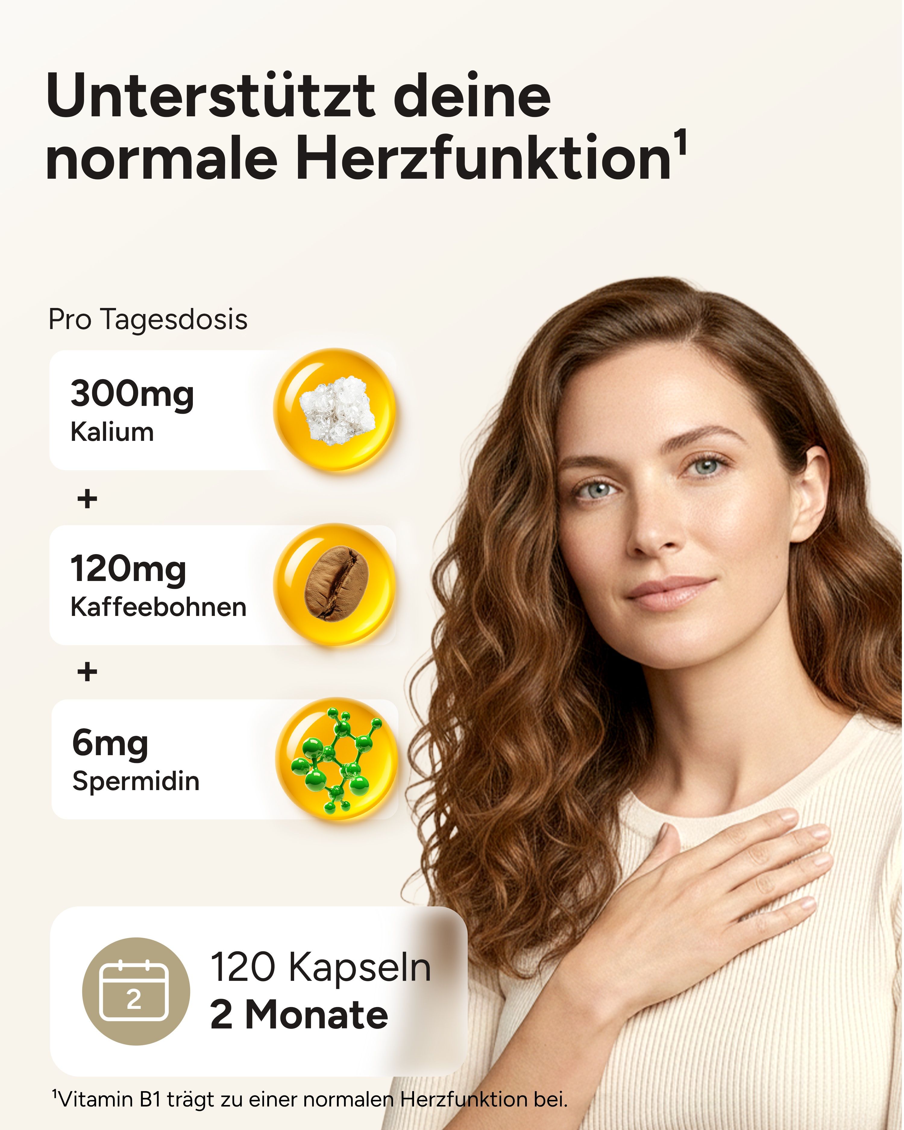 Frau mit Hand auf Brust. Grafiken zeigen 300mg Kalium, 120mg Kaffeebohnen, 6mg Spermidin. 120 Kapseln für 2 Monate.