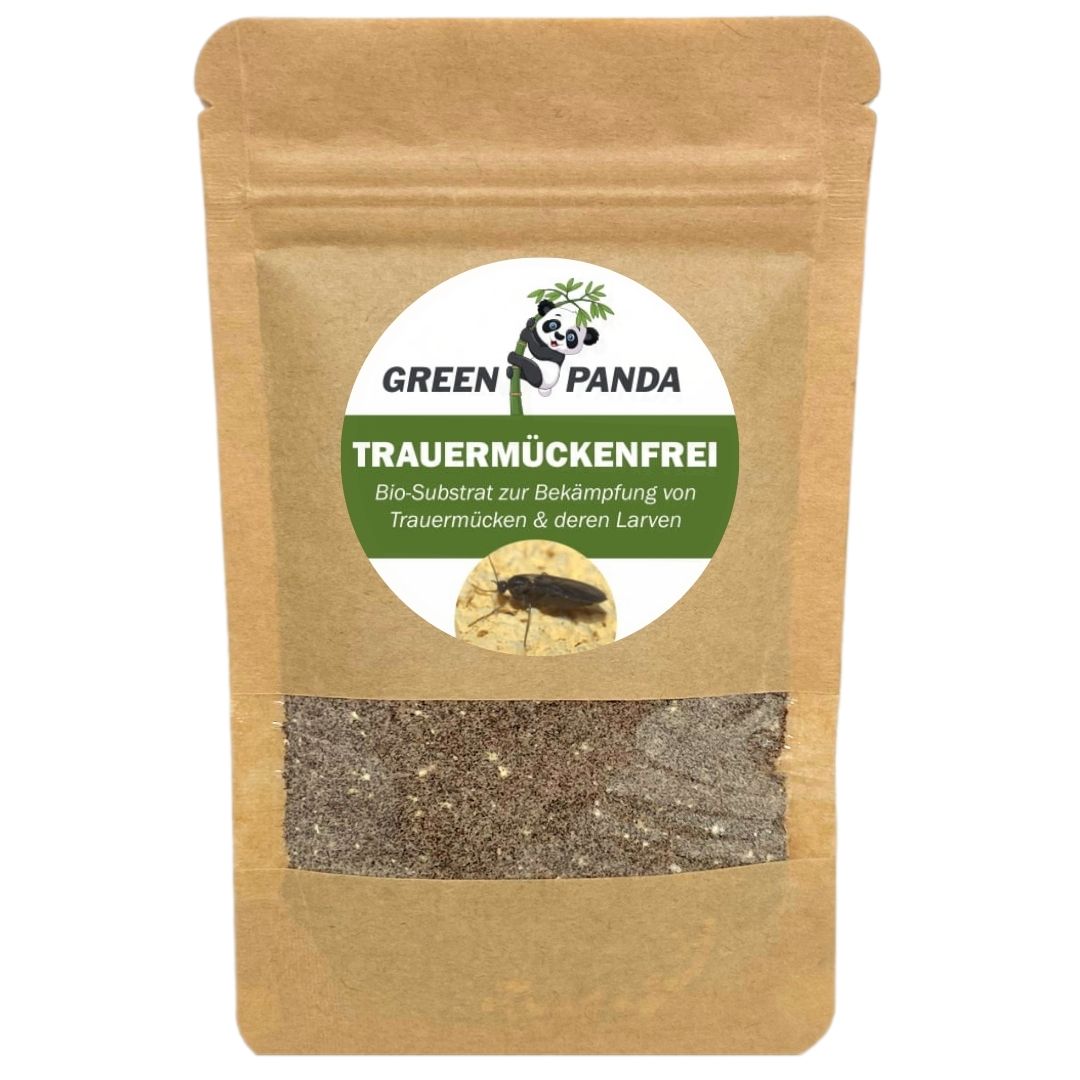 Beutel mit GreenPanda Trauermückenfrei. Aufdruck mit Logo, Produktname und Beschreibung. Braune Verpackung mit Sichtfenster.