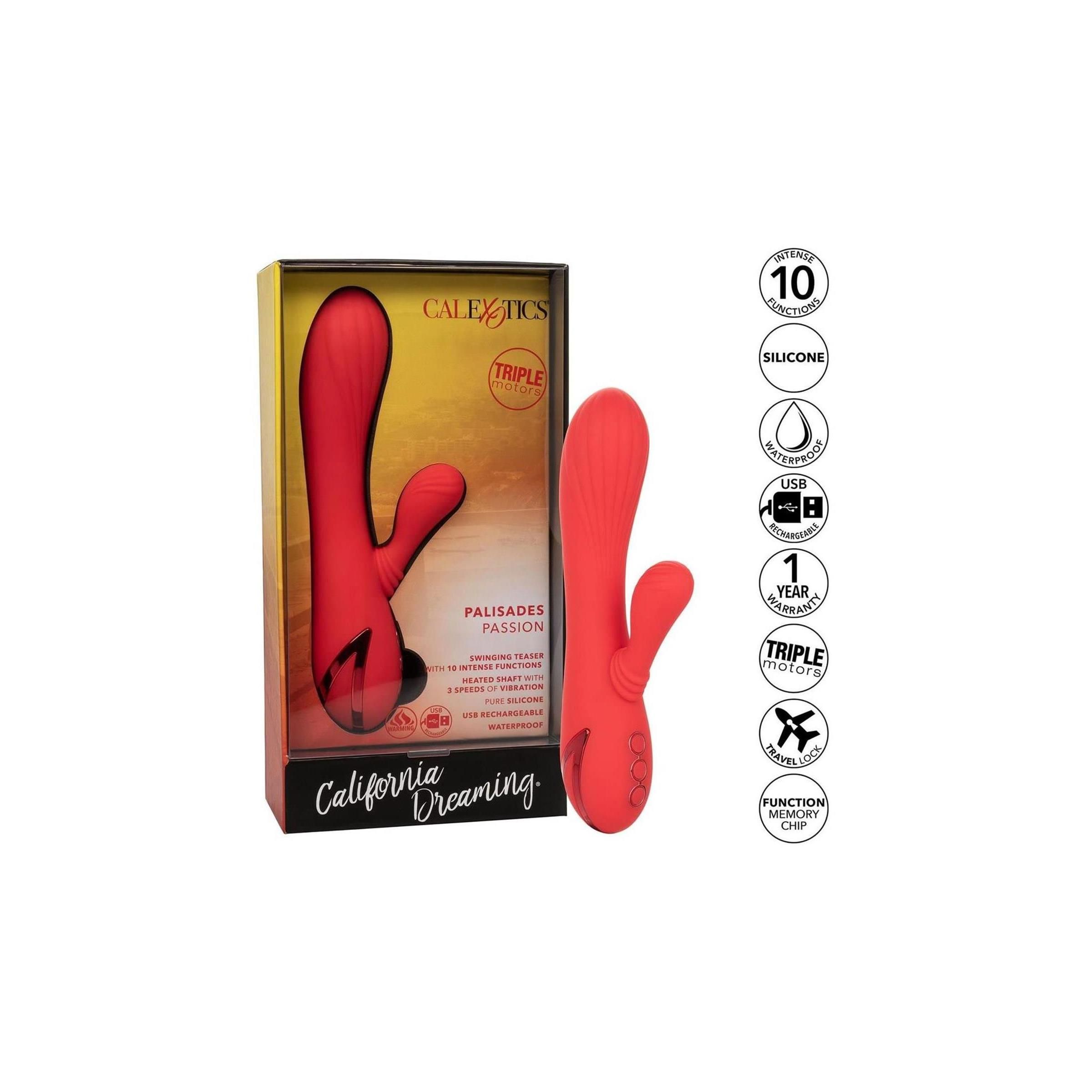 Verpackung mit rotem Vibrator. Aufschrift: CalExotics, Palisades Passion. Symbole für Funktionen.