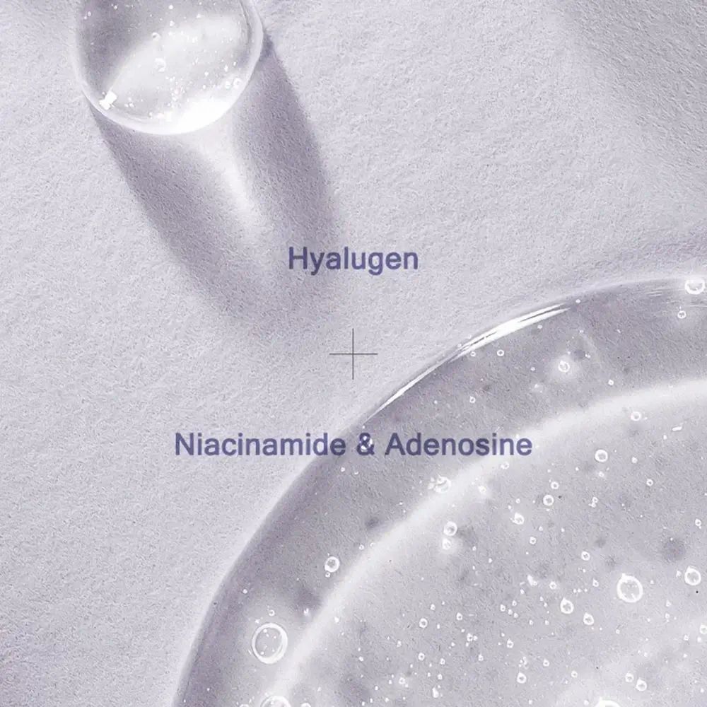 Hyalugen und Niacinamid & Adenosin Text. Flüssigkeit mit Blasen. Auf hellem Hintergrund.