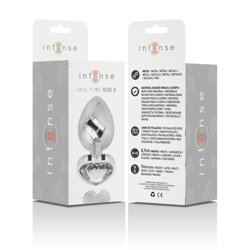 Verpackung mit Analplug. Produktname 'Intense'. Herzförmiger Kristall, Metall.