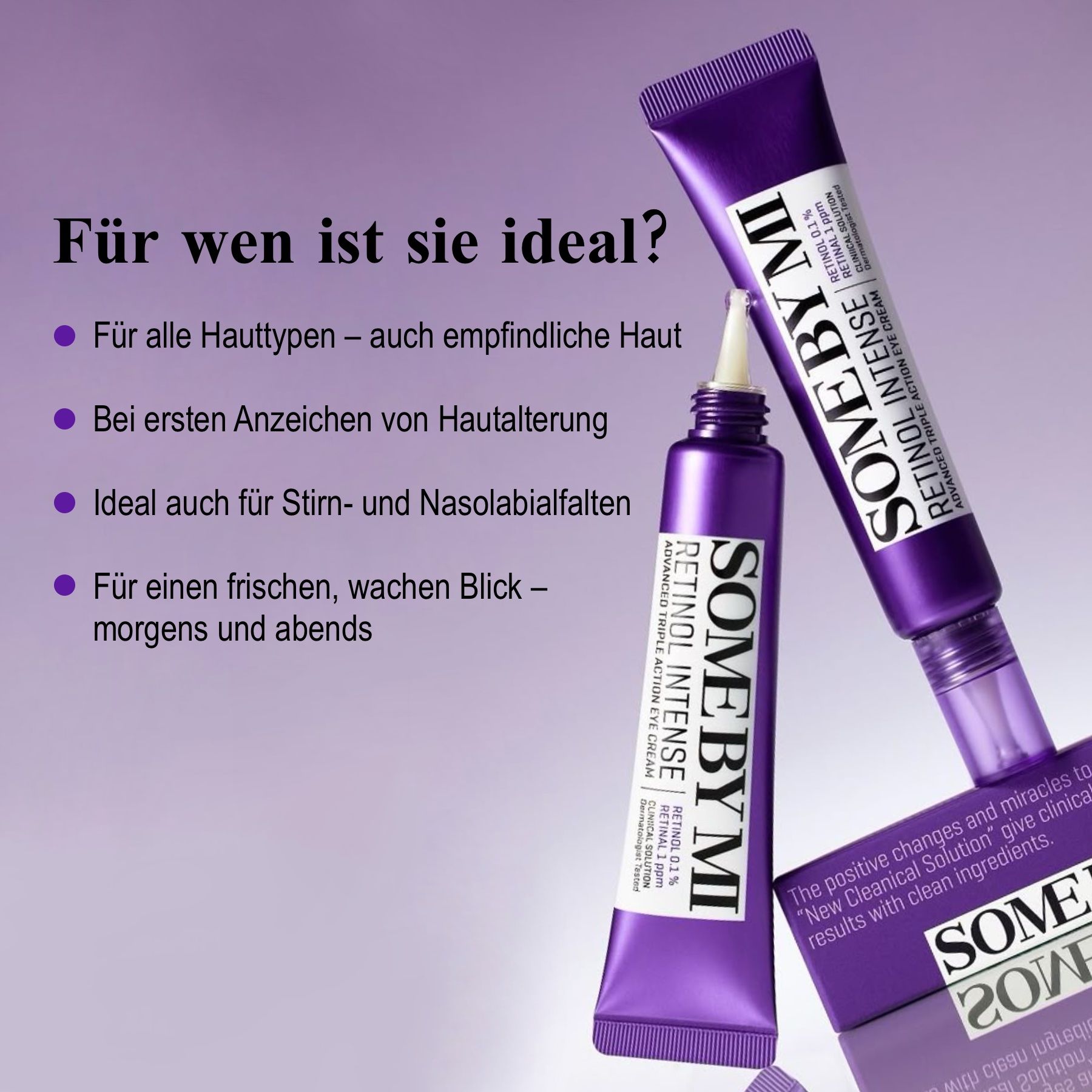 Zwei Tuben. Text: Für alle Hauttypen, bei ersten Anzeichen von Hautalterung.