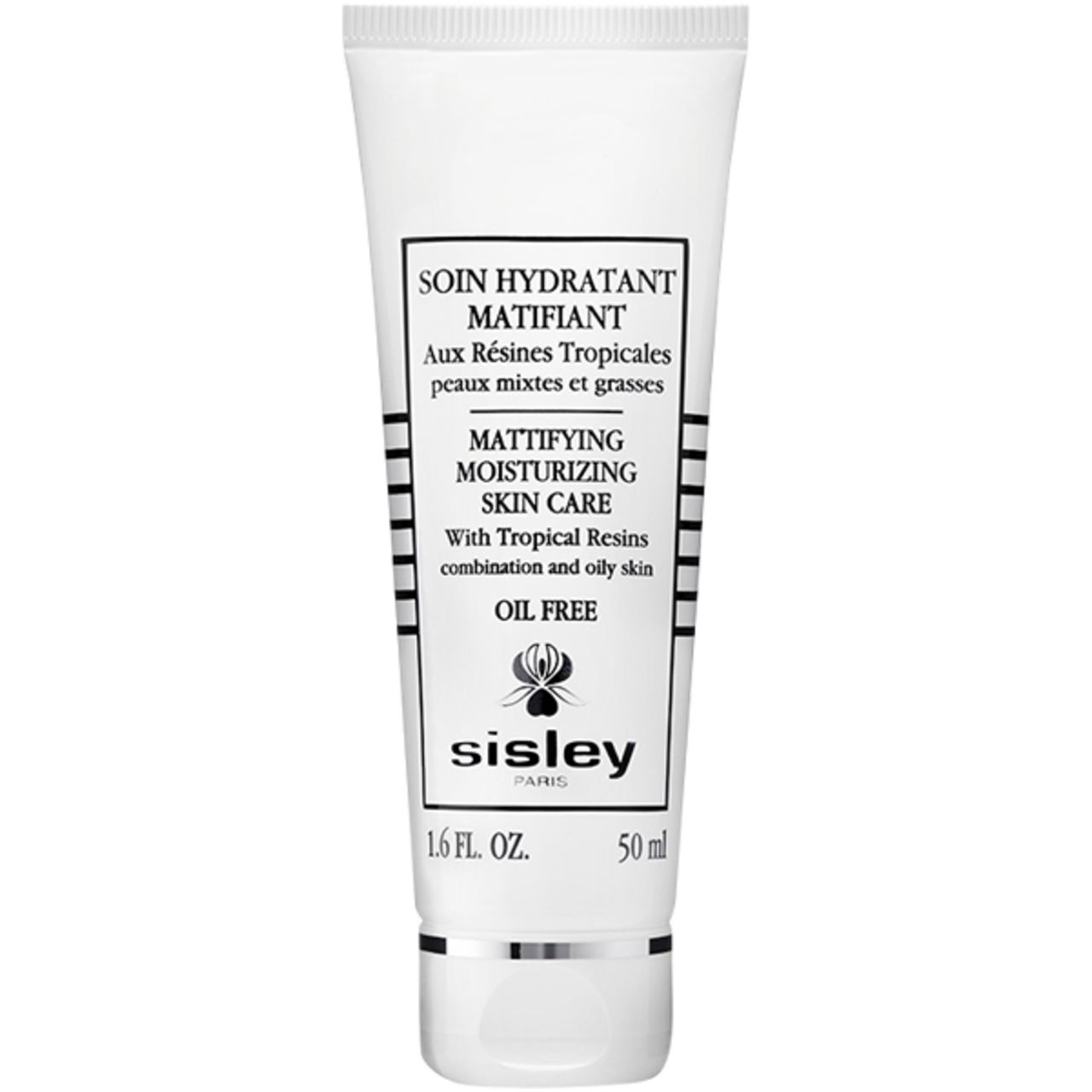 Weiße Tube mit schwarzer Schrift. Text: Soin Hydratant Matifiant, Sisley Paris, 1.6 FL. OZ. und 50 ml.