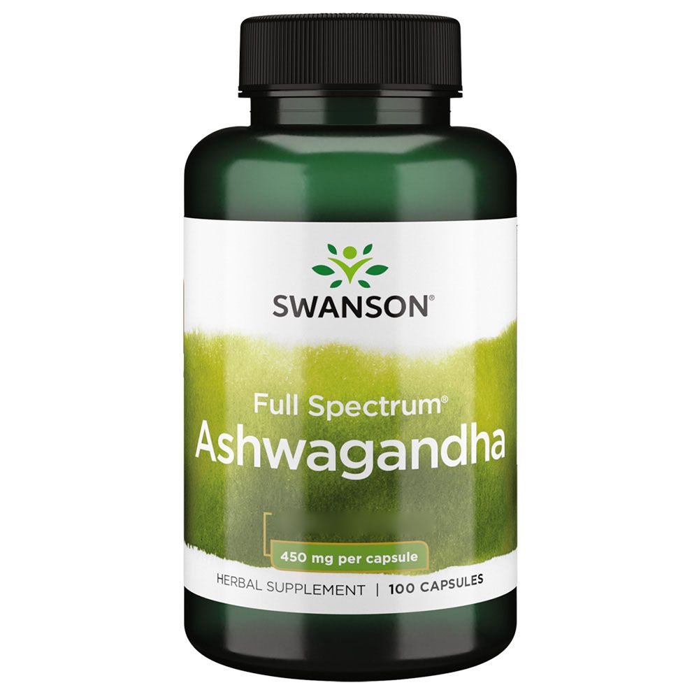 Grüne Flasche mit weißem Etikett. Aufschrift: SWANSON, Ashwagandha, 450 mg pro Kapsel, 100 Kapseln.