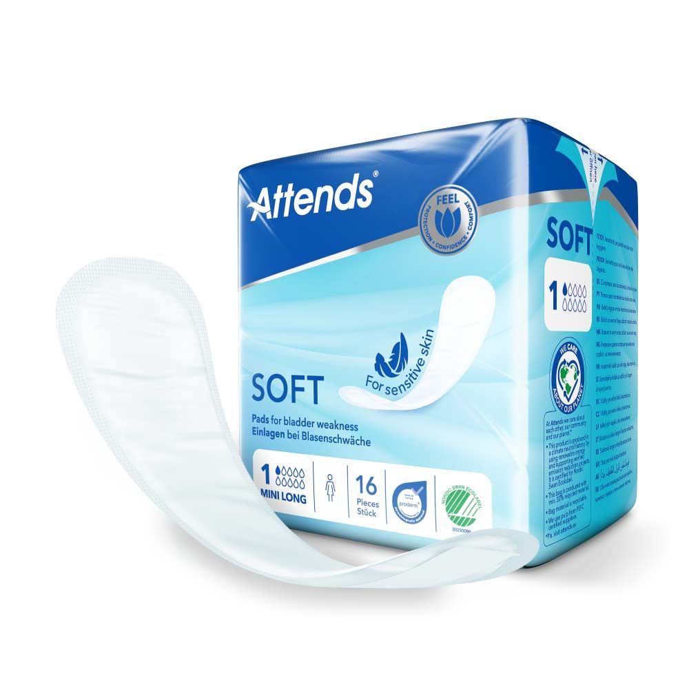 Attends Soft Inkontinenzvorlage. Blaue Verpackung mit Produkt und einzelner Vorlage. Text: Soft, Mini Long, 16 Stück.