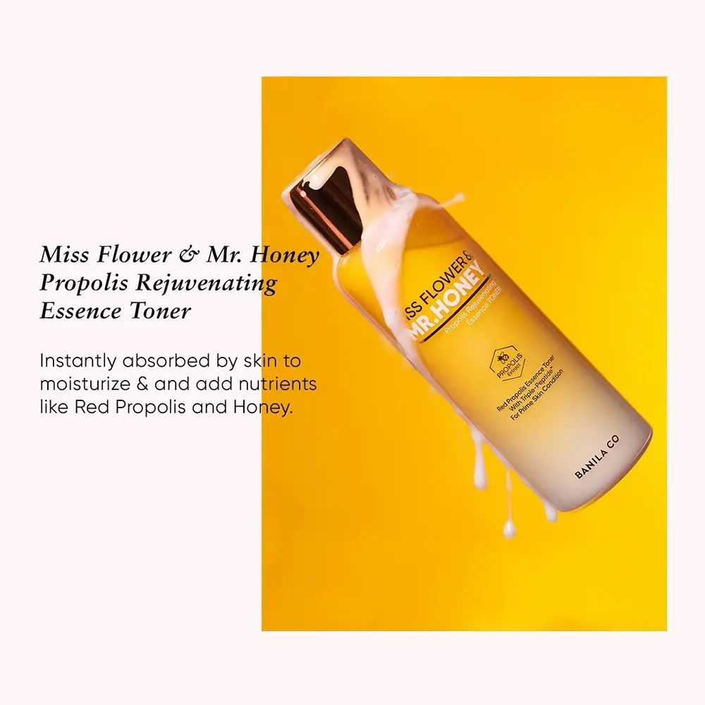 Gelb-weiße Flasche mit goldfarbenem Deckel. Aufschrift: Miss Flower & Mr. Honey. Produkt fließt aus der Flasche.