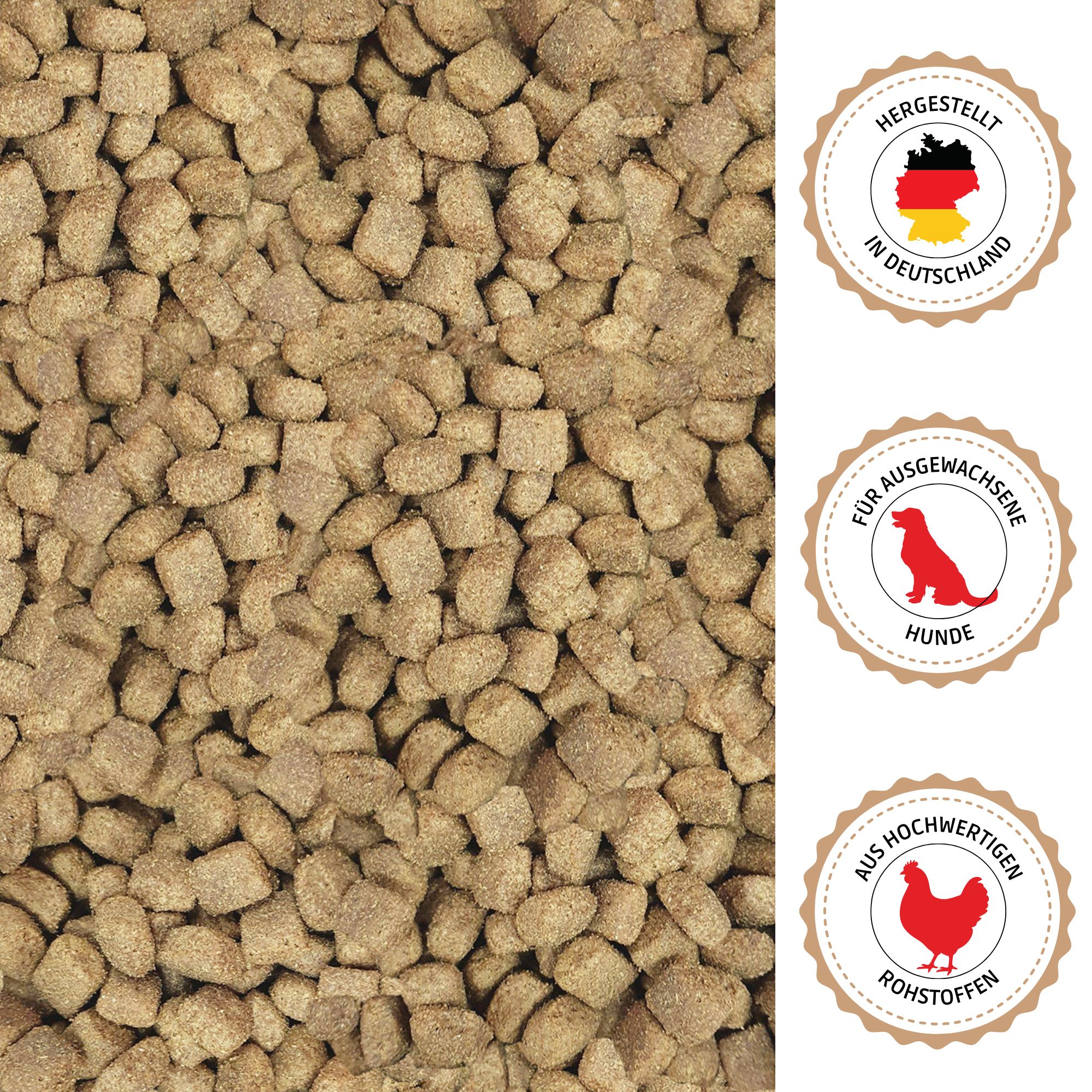 Trockenfutter. Siegel: Hergestellt in Deutschland, für ausgewachsene Hunde, aus hochwertigen Rohstoffen.