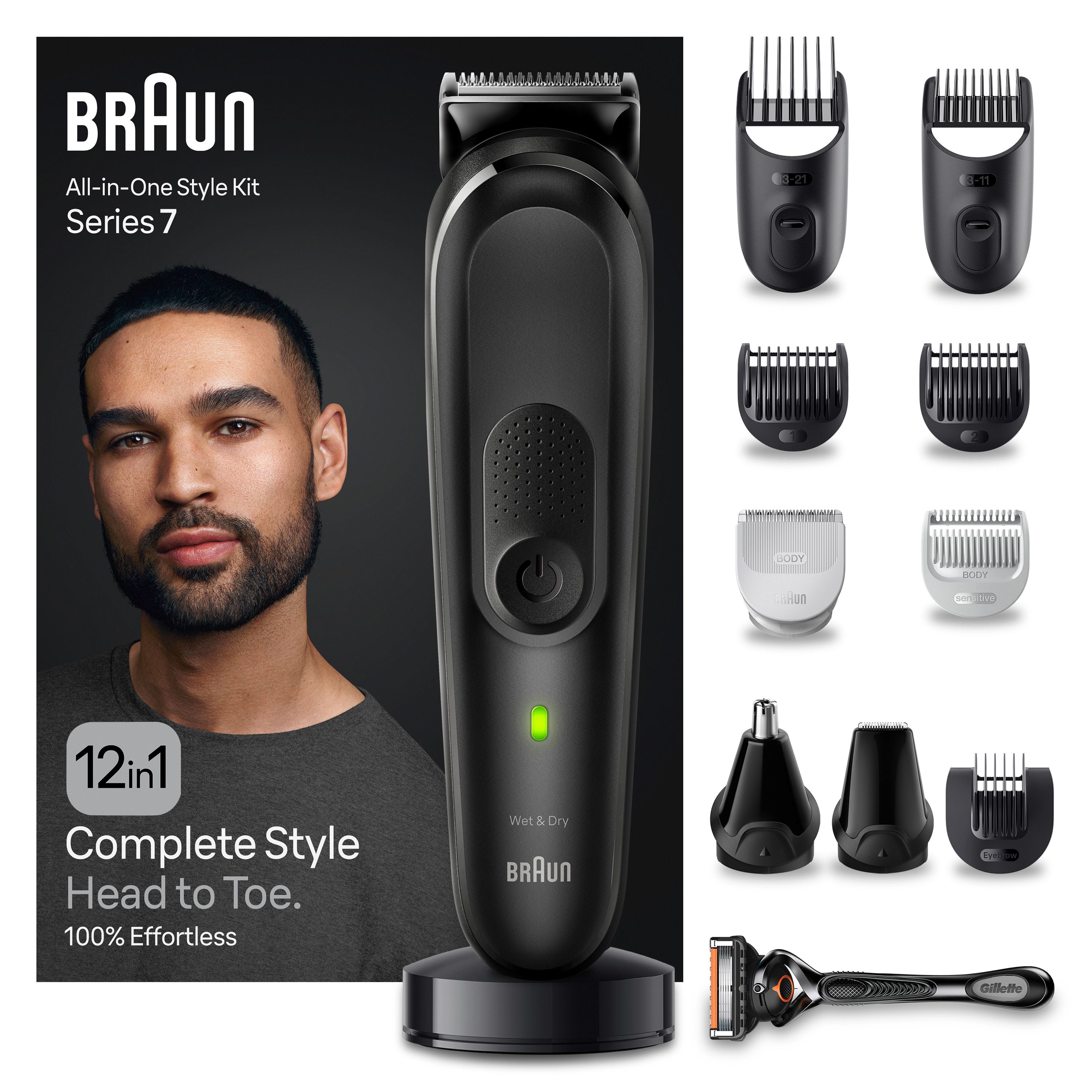 Schwarzer Bartschneider mit Zubehör. 12-in-1-Styler. Enthält Trimmeraufsätze, Nasenhaartrimmer und Rasierer. Braun-Logo sichtbar.