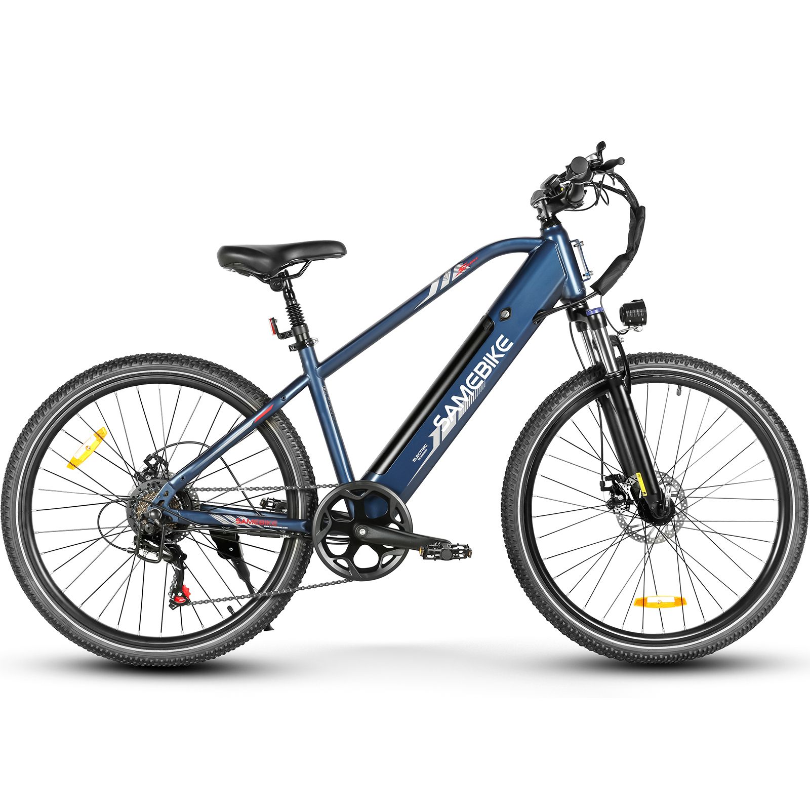 Blaues E-Mountainbike. Marke SAMEBIKE. Schwarze Reifen, Sattel und Lenker. Gelbe Reflektoren. Scheibenbremsen.