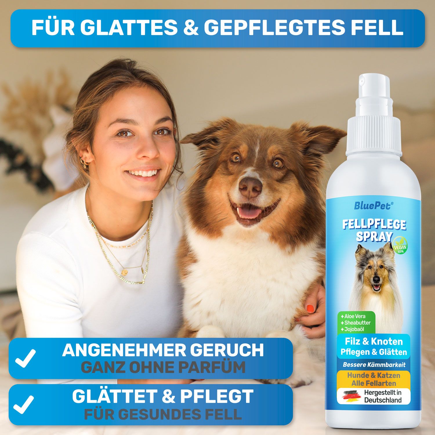 Frau und Hund posieren mit einer Sprühflasche Fellpflege Spray. Auf dem Etikett sind ein Hund und eine Katze abgebildet. Mit Vegan-Siegel.