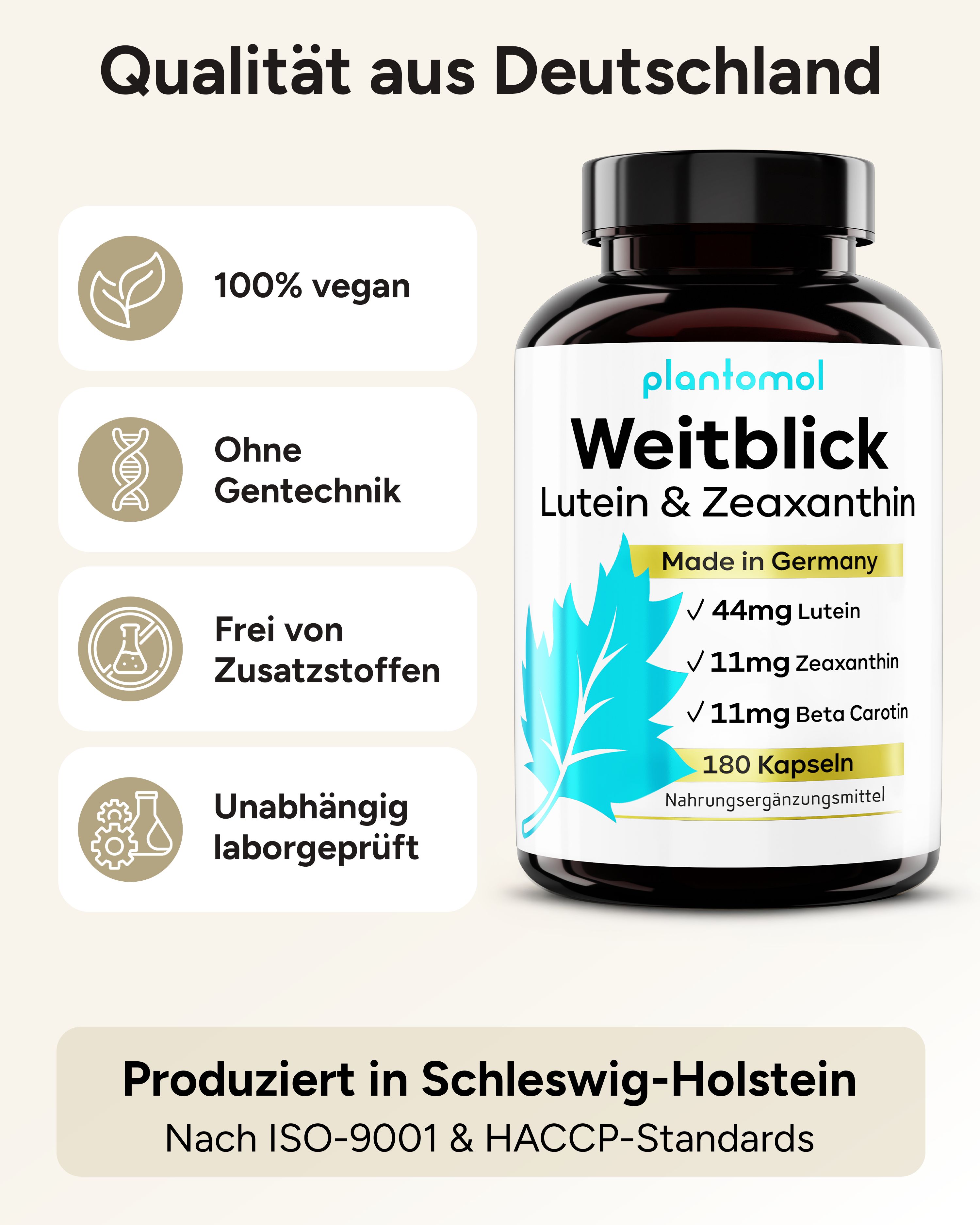 Braune Flasche plantomol® Weitblick. Aufschrift: Lutein & Zeaxanthin. Siegel: 100% vegan, ohne Gentechnik. Made in Germany.