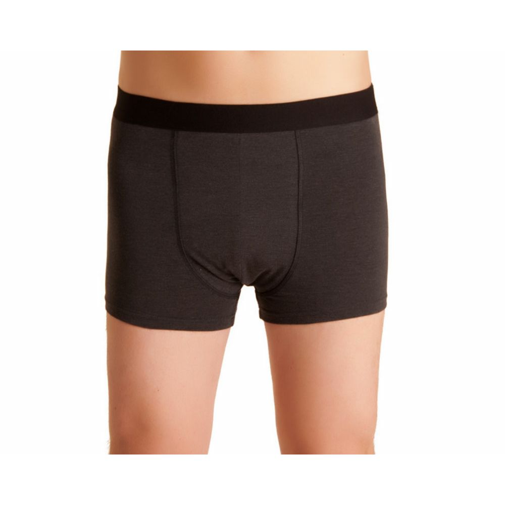 Graue Inkontinenzhose für Männer. Schwarzer Bund. Boxershorts-Form. Vorderansicht.