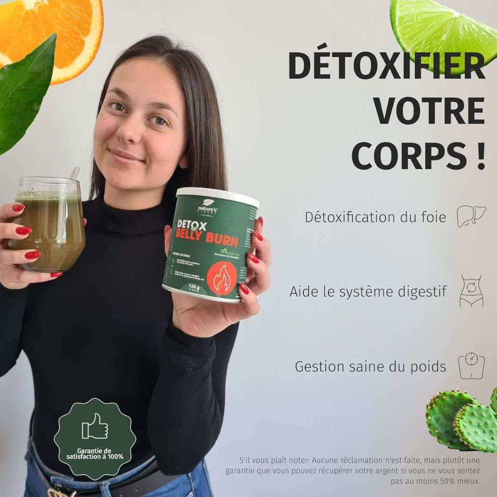 Femme tient boîte "DETOX BELLY BURN" et verre boisson. Citron et orange.