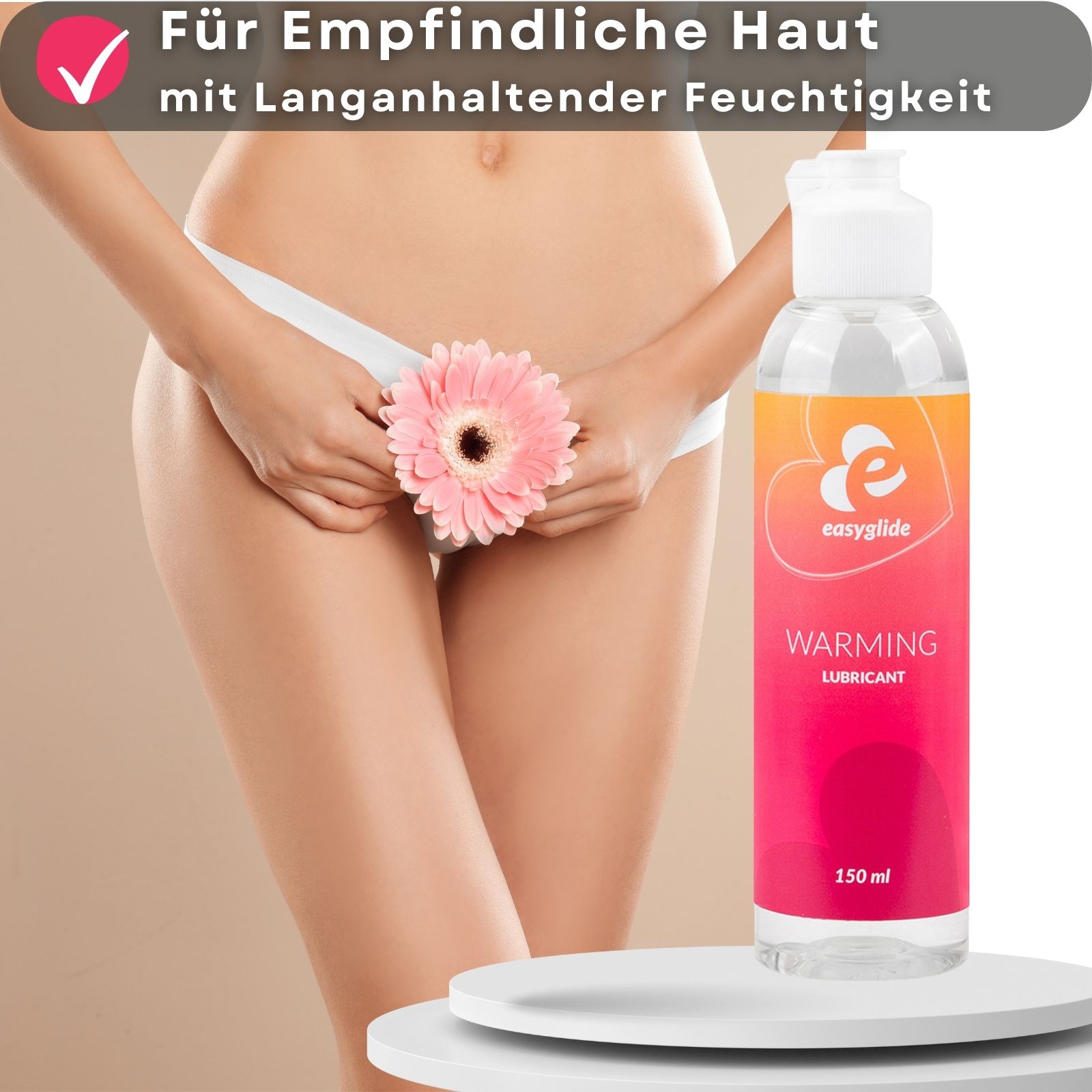Easyglide-Flasche. Aufschrift: Warming Lubricant. 150 ml. Frau mit Blume.