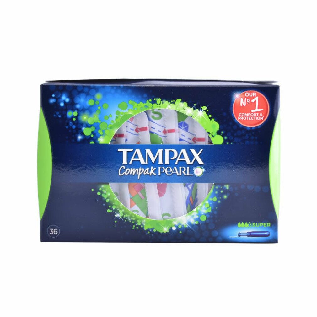 Verpackung von Tampax Compak Pearl Super, 36 Stück. Blaue Verpackung mit Produktnamen und Logo. Enthält Tampons.