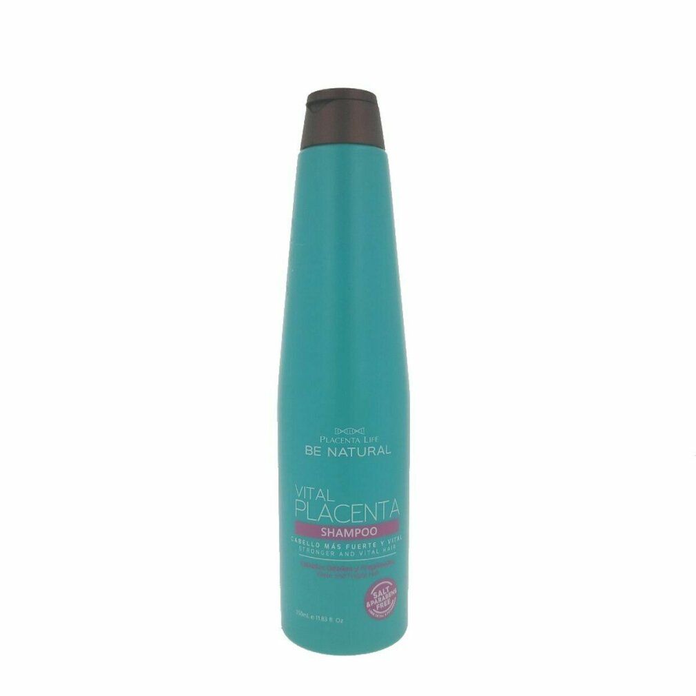 Türkisfarbene Flasche mit braunem Deckel. Aufschrift: Be Natural, Vital Placenta Shampoo. Rosa Etikett mit Text.