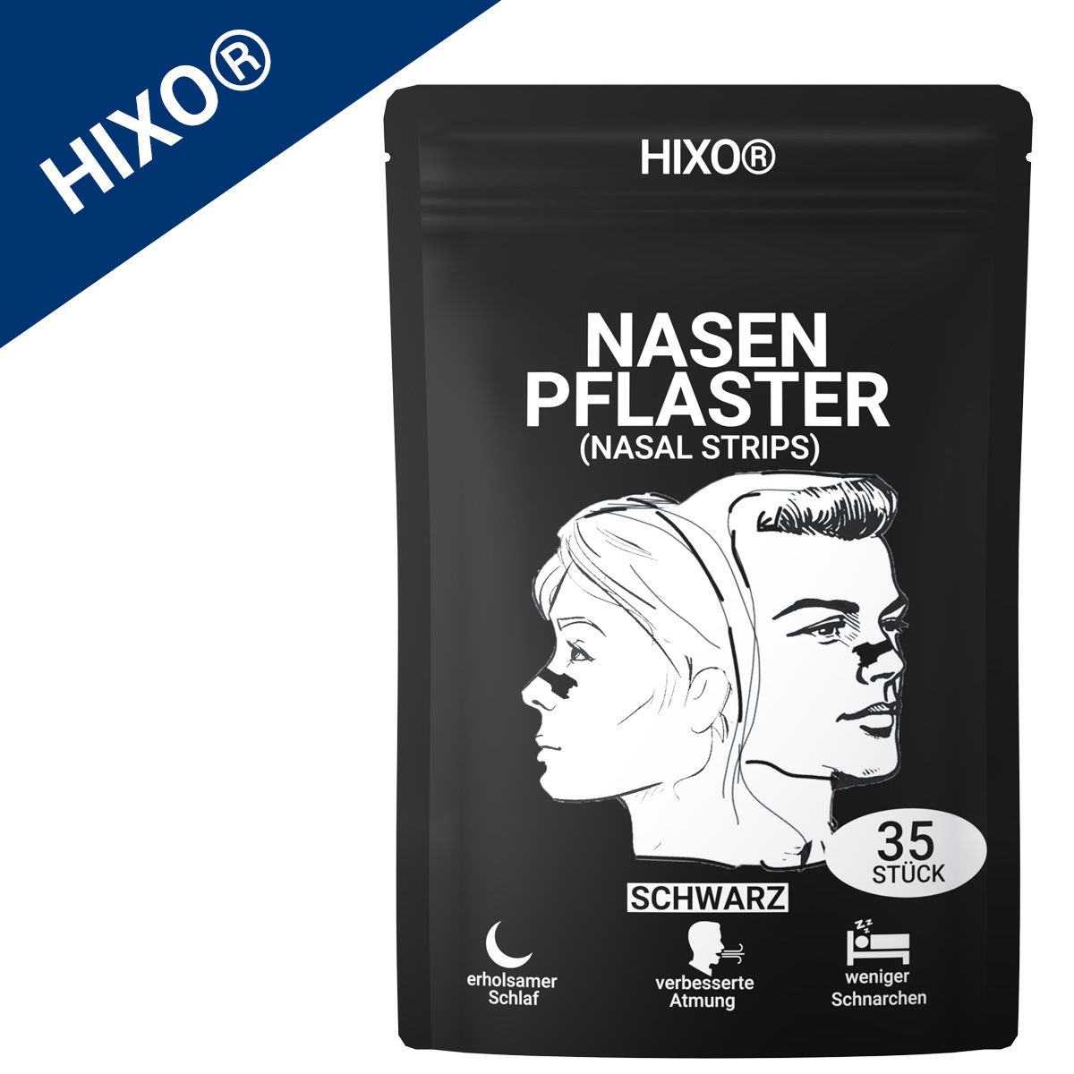Schwarze Verpackung mit Nasenpflastern. Text: HIXO, Nasenpflaster, 35 Stück. Illustration von Gesichtern. Text: Schlaf, Atmung, Schnarchen. Schwarze Farbe.