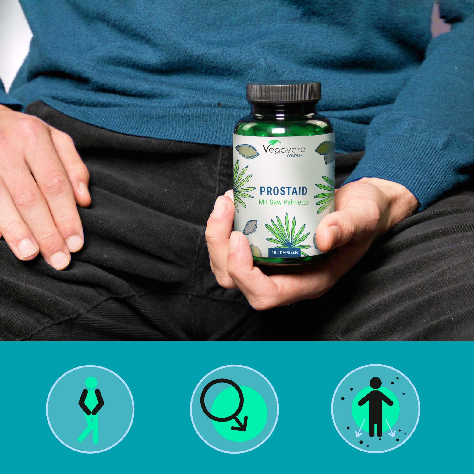 Mann hält Produktflasche. Aufschrift: Prostaid, Mit Saw Palmetto, 180 Kapseln. Icons: Gesundheit, Männlichkeit, Immunsystem.