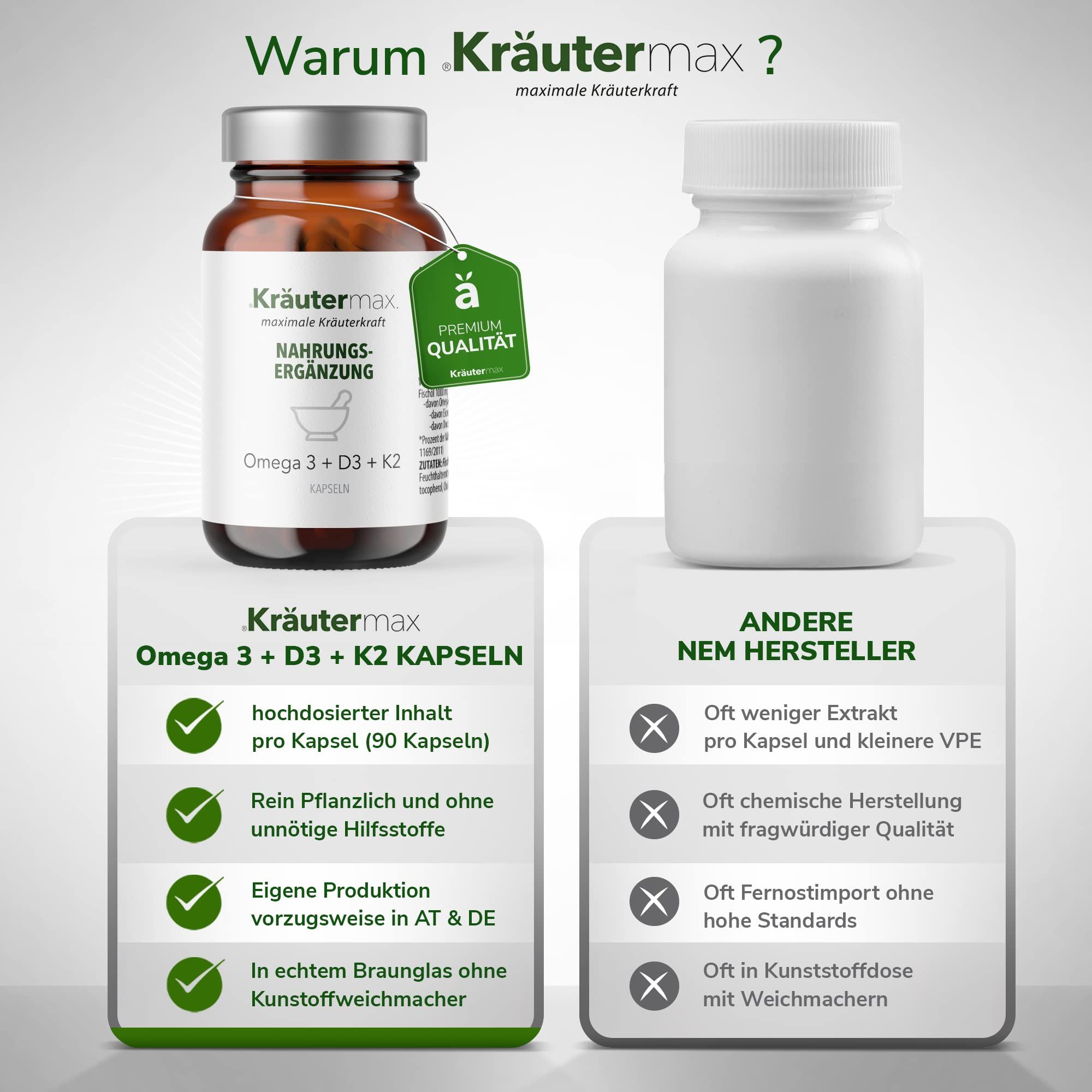 Kräutermax Omega-3-Fettsäuren 1000 mg, Vitamin D3 2000 IE und K2 Kapseln 90 St