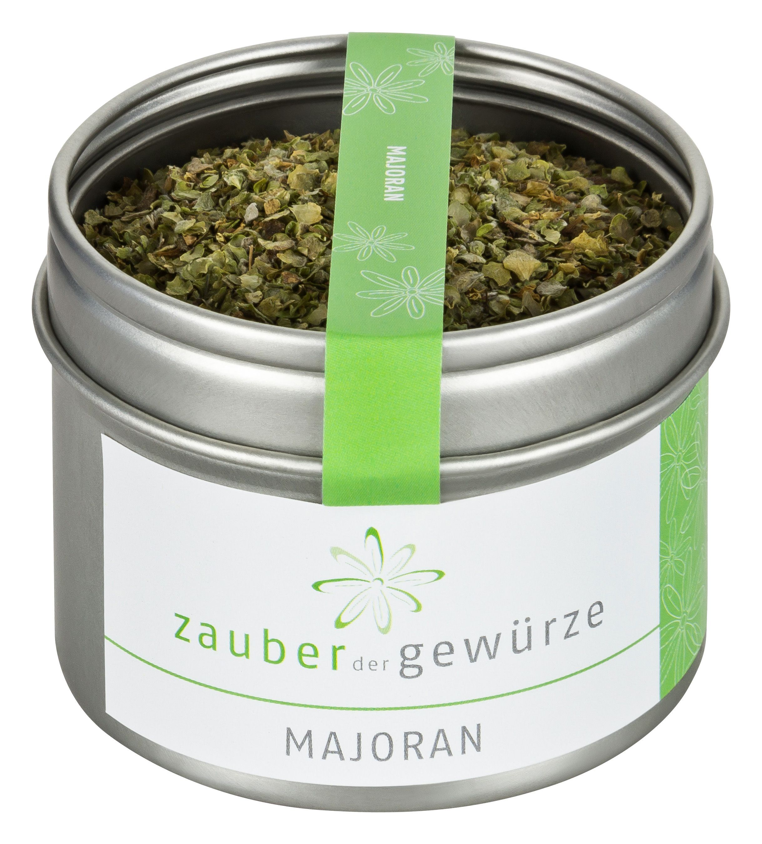 Runde Dose mit Majoran-Gewürz. Grün-weißes Etikett mit Schriftzug 'Zauber der Gewürze' und 'Majoran'. Grüner Streifen mit 'Majoran'.