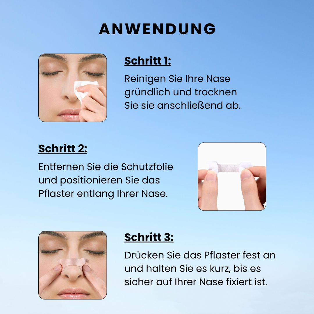 Anwendungsschritte: Nase reinigen, Schutzfolie entfernen, Pflaster positionieren und andrücken. Nahaufnahmen.