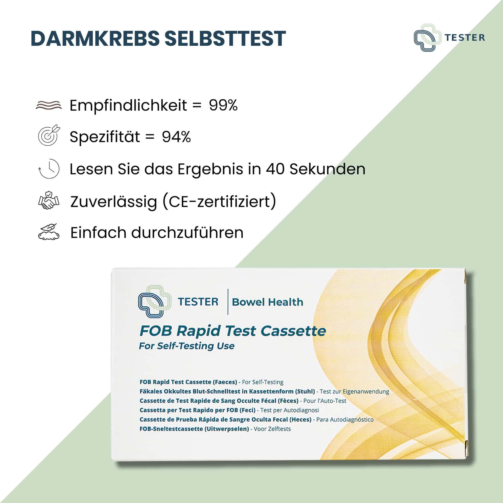 Darmkrebs-Selbsttest: CE-zertifizierte FOB Rapid Test Cassette.