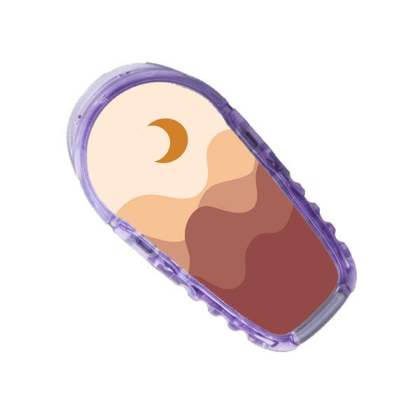 Aufkleber mit Berg- und Mondmotiv. Lila Umrandung. Braune und beige Farbtöne.