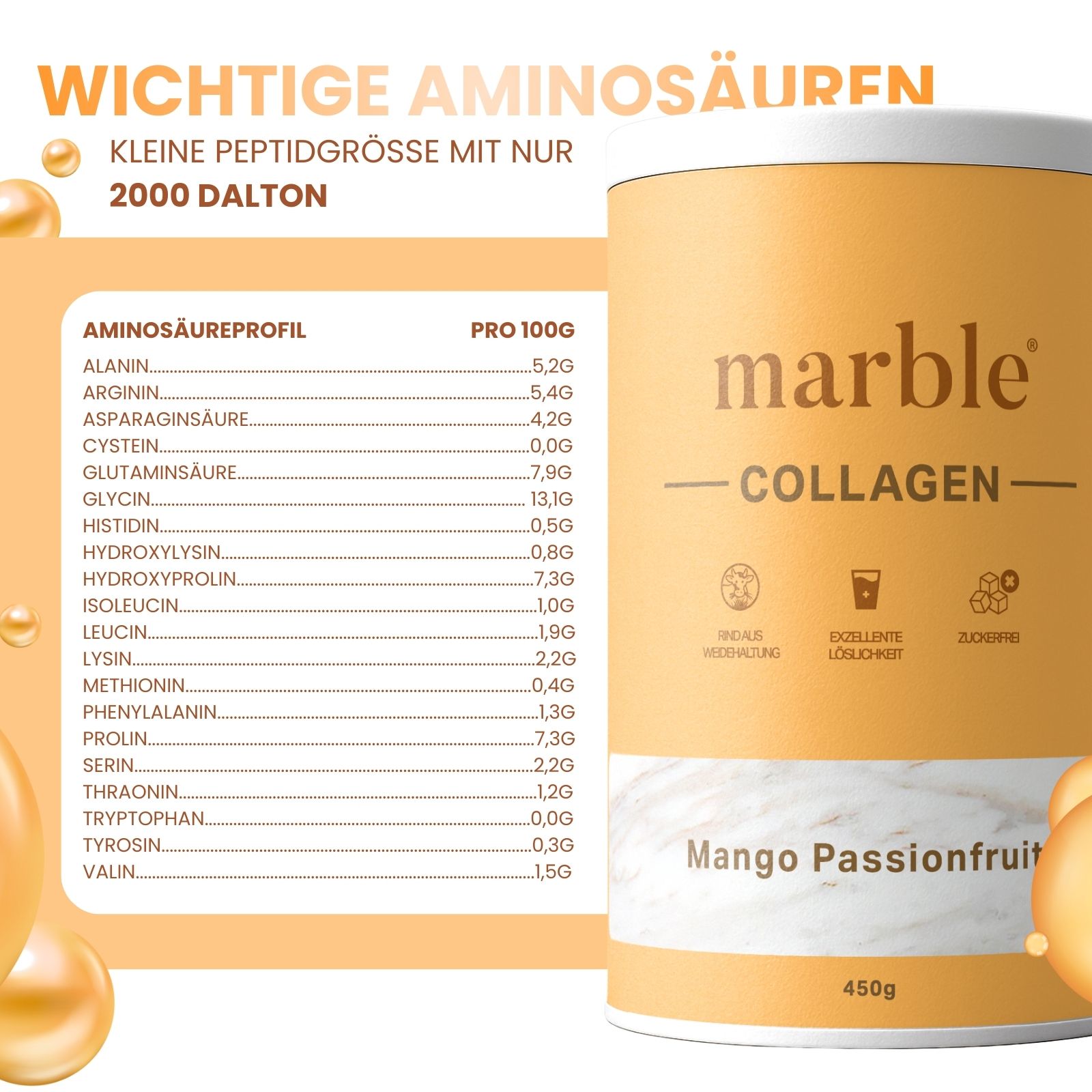 Zylindrische Dose mit "marble" und "COLLAGEN"-Logo. Mango-Passionsfrucht-Geschmack. 450g. Aminosäureprofil.