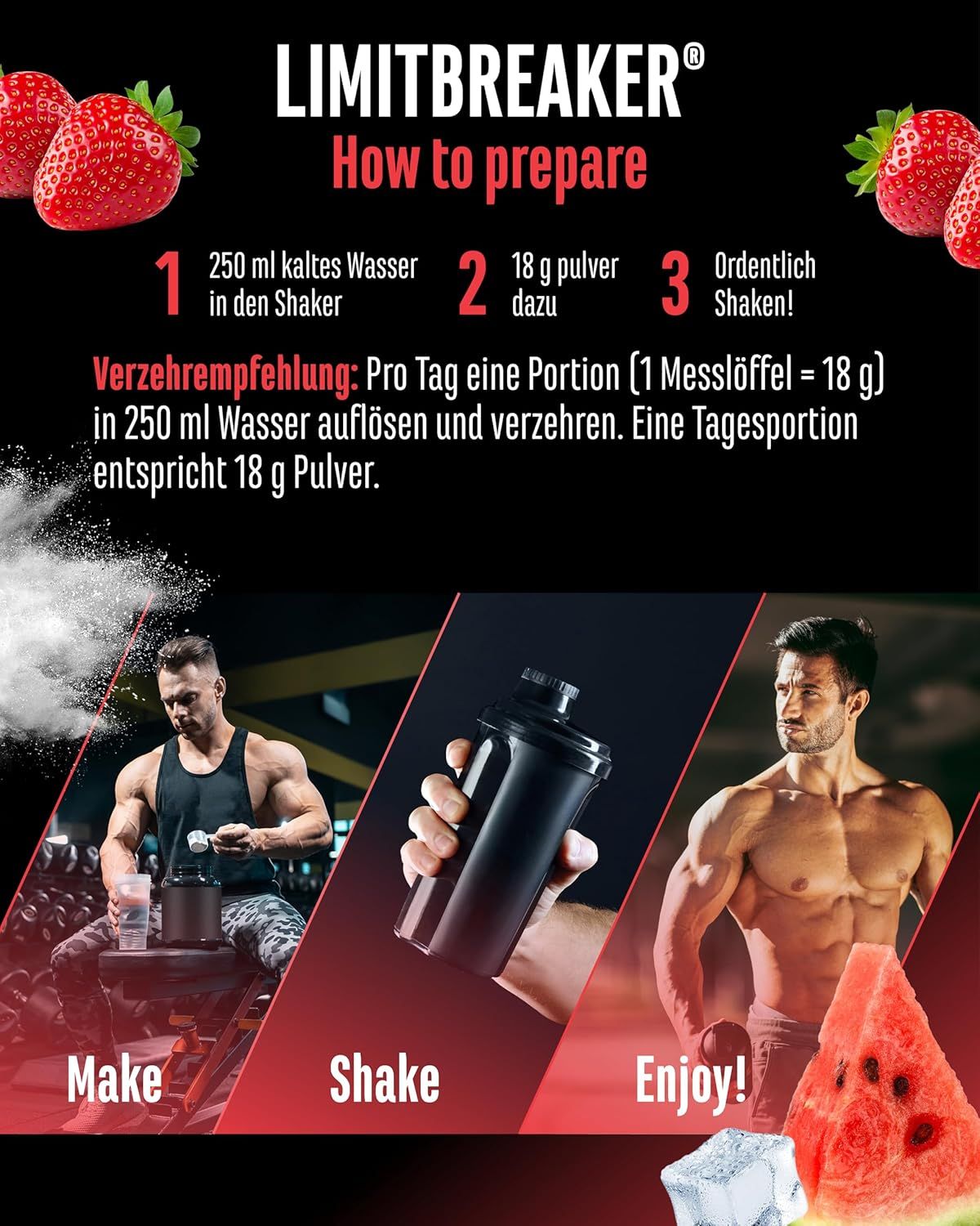 Anleitung zur Zubereitung mit "LIMITBREAKER". Schritte: Wasser in Shaker, Pulver dazu, schütteln. Illustrationen von Männern beim Training.