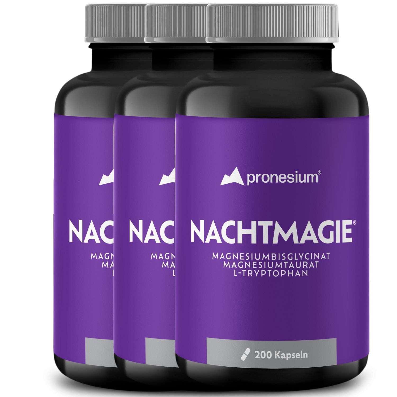 Drei Flaschen NACHTMAGIE® mit lila Etikett. Aufschrift: Magnesiumbisglycinat, Magnesiumtaurat, L-Tryptophan. 200 Kapseln.