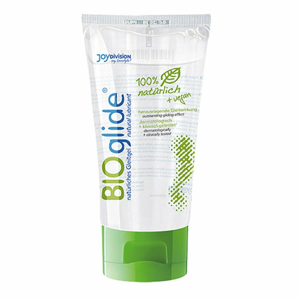 BIOglide® Gel-Tube. Weiß, grün. Aufschrift: 100% natürlich + vegan, dermatologisch getestet, klinisch getestet. Made in Germany.