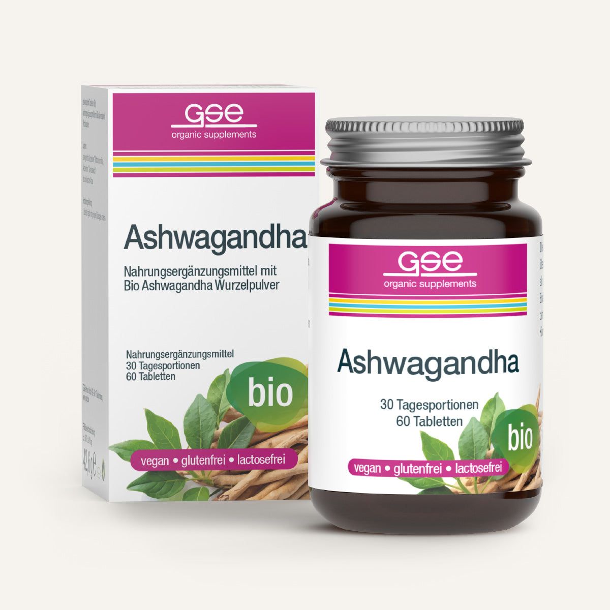 Braune Glasflasche und Karton mit Produktetikett. Aufschrift: Ashwagandha, 30 Tagesportionen, 60 Tabletten. Bio-Siegel.