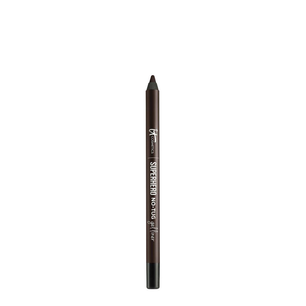 Brauner Eyeliner-Stift mit schwarzer Spitze und Schriftzug. Produktname: Superhero No-Tug Gel Liner.