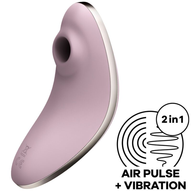 Rosa Vibrator mit silberfarbener Umrandung. Aufschrift: Air Pulse + Vibration. Auf schwarzem Hintergrund.