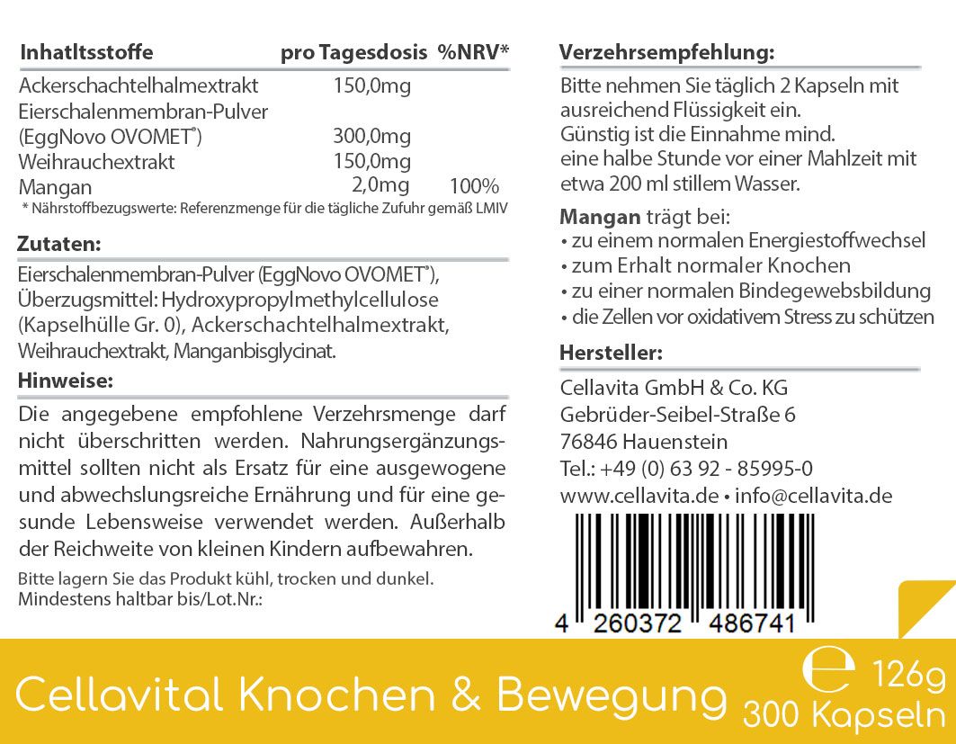 Nährwertangaben und Herstellerinformationen für Cellavital Knochen & Bewegung, 300 Kapseln.