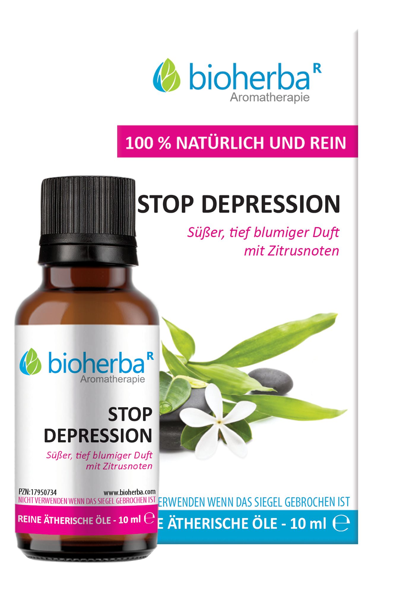 Braune Glasflasche mit schwarzem Deckel. Aufschrift: Stop Depression, reine ätherische Öle. Verpackung mit Logo und Text.