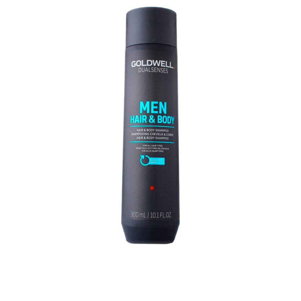 Schwarze Flasche Goldwell Dualsenses Men Hair & Body Shampoo. Text: Hair & Body, 300 ml/10.1 fl oz. Für alle Haartypen.