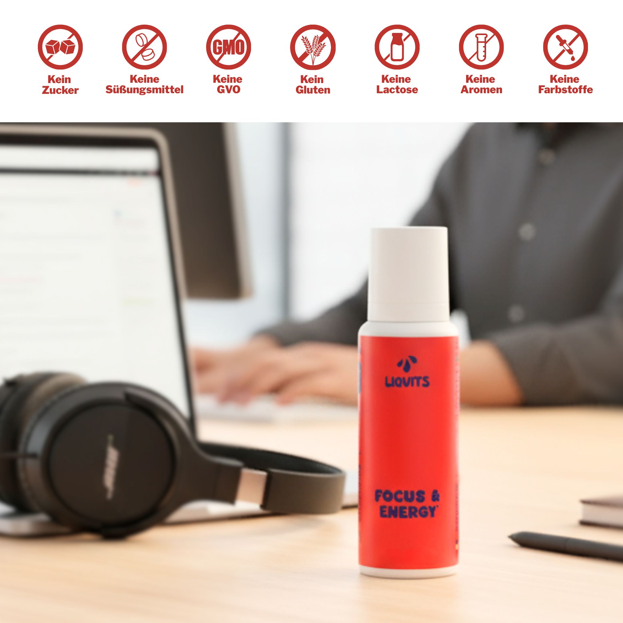 Rote Flasche mit weißem Deckel. Aufschrift: FOCUS & ENERGY. Logos: Kein Zucker, Süßungsmittel, GVO, Gluten, Laktose, Aromen, Farbstoffe.