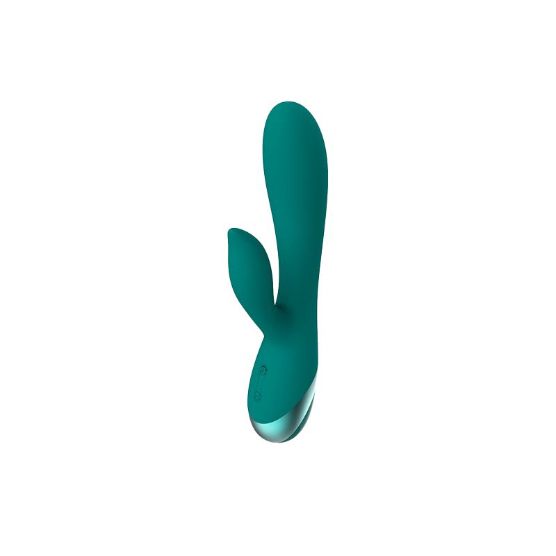Türkisfarbener Vibrator mit Kaninchenohren-Design. Glatte Oberfläche, silberfarbenes Detail. Perspektivische Ansicht auf weißem Hintergrund.