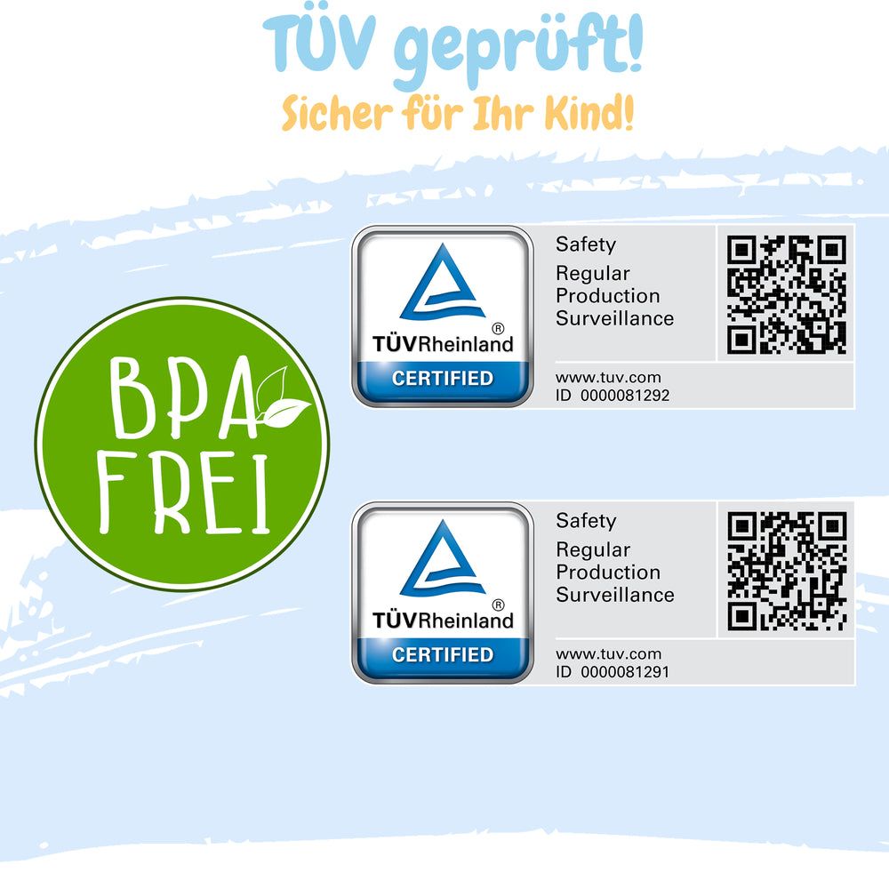 Zwei TÜV Rheinland Zertifizierungen, BPA-frei-Siegel. Text: TÜV geprüft! Sicher für Ihr Kind!