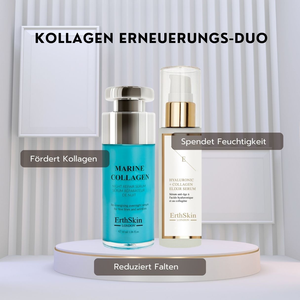 ErthSkin London Kollagen Erneuerungs-Duo: Marine Collagen Night Repair Serum und Hyaluronic + Collagen Elixir Serum.