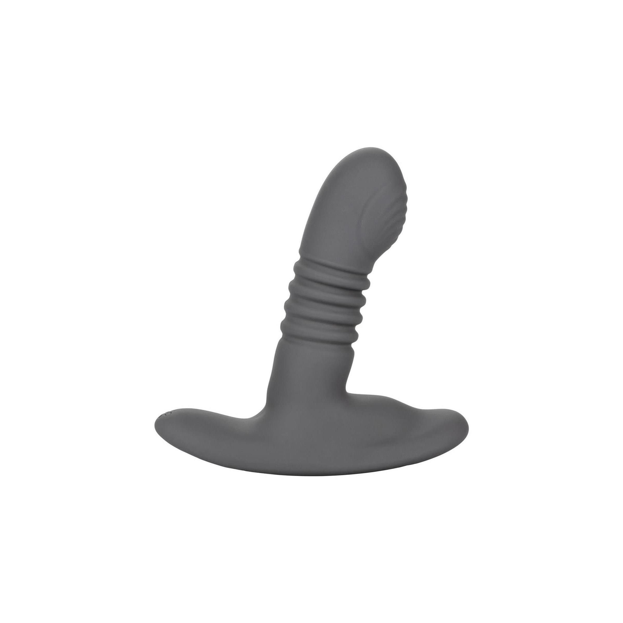 Grauer Anal-Stimulator mit geriffelter Basis und abgerundetem Kopf. T-förmige Basis. Auf weißem Hintergrund.